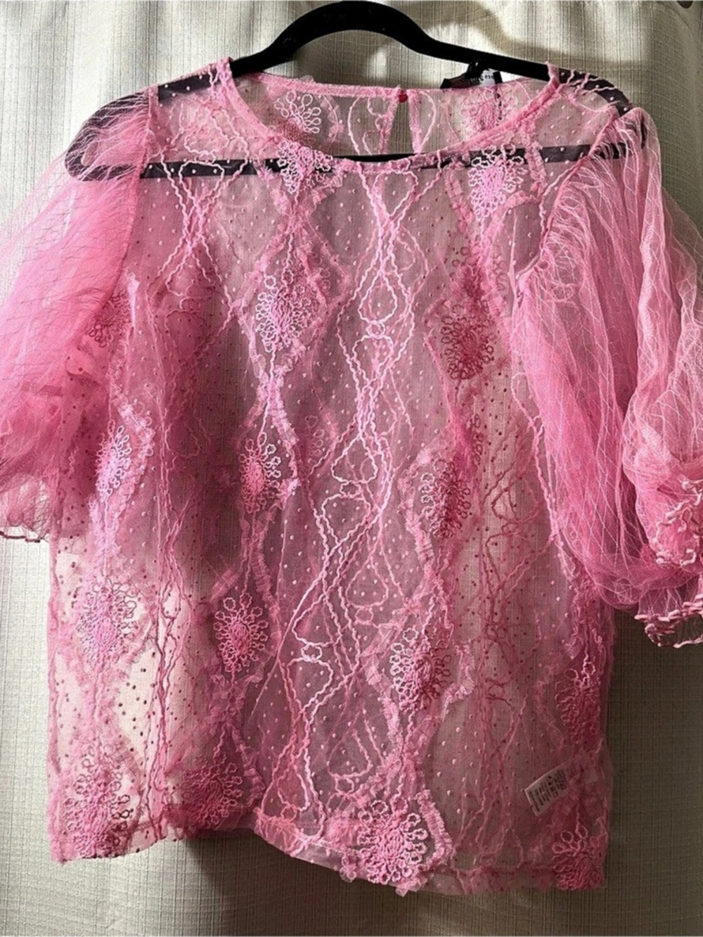 Pink Lace Blouse with Puff Sleeves